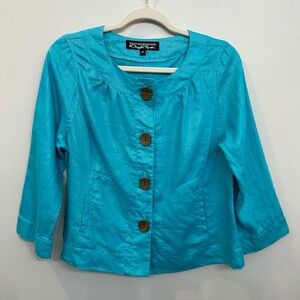 Windridge Cheryl Nash Linen Jacket Blazer Size M 3/4 Sleeve Glazed Ocean Size M